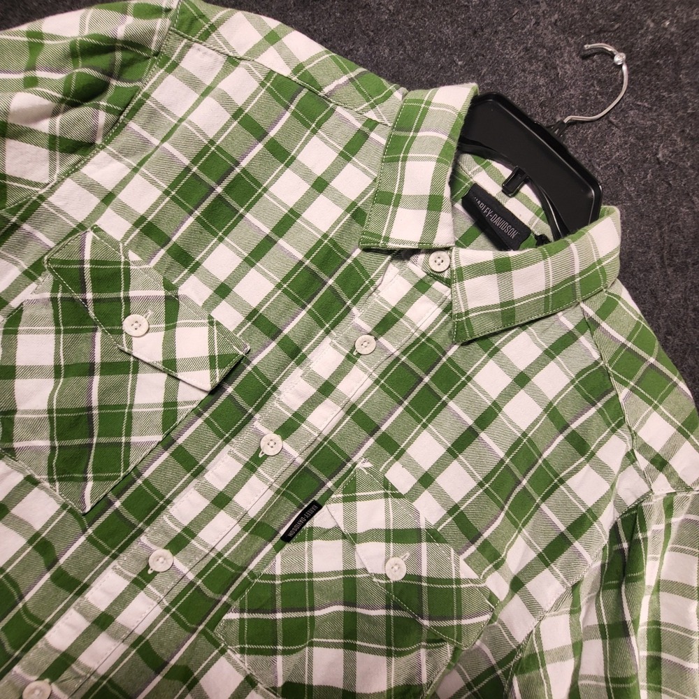 Harley-Davidson Mens Green White Plaid Short Sleeve Button Up Shirt Dual Pocket